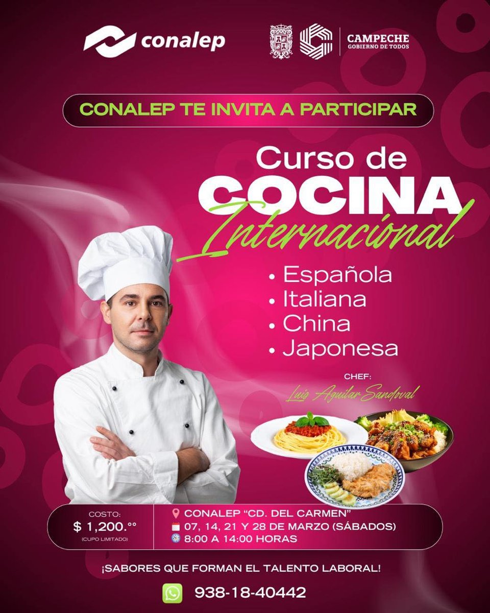 CONALEP PLANTEL CIUDAD DEL CARMEN INVITA A SU CURSO DE COCINA INTERNACIONAL