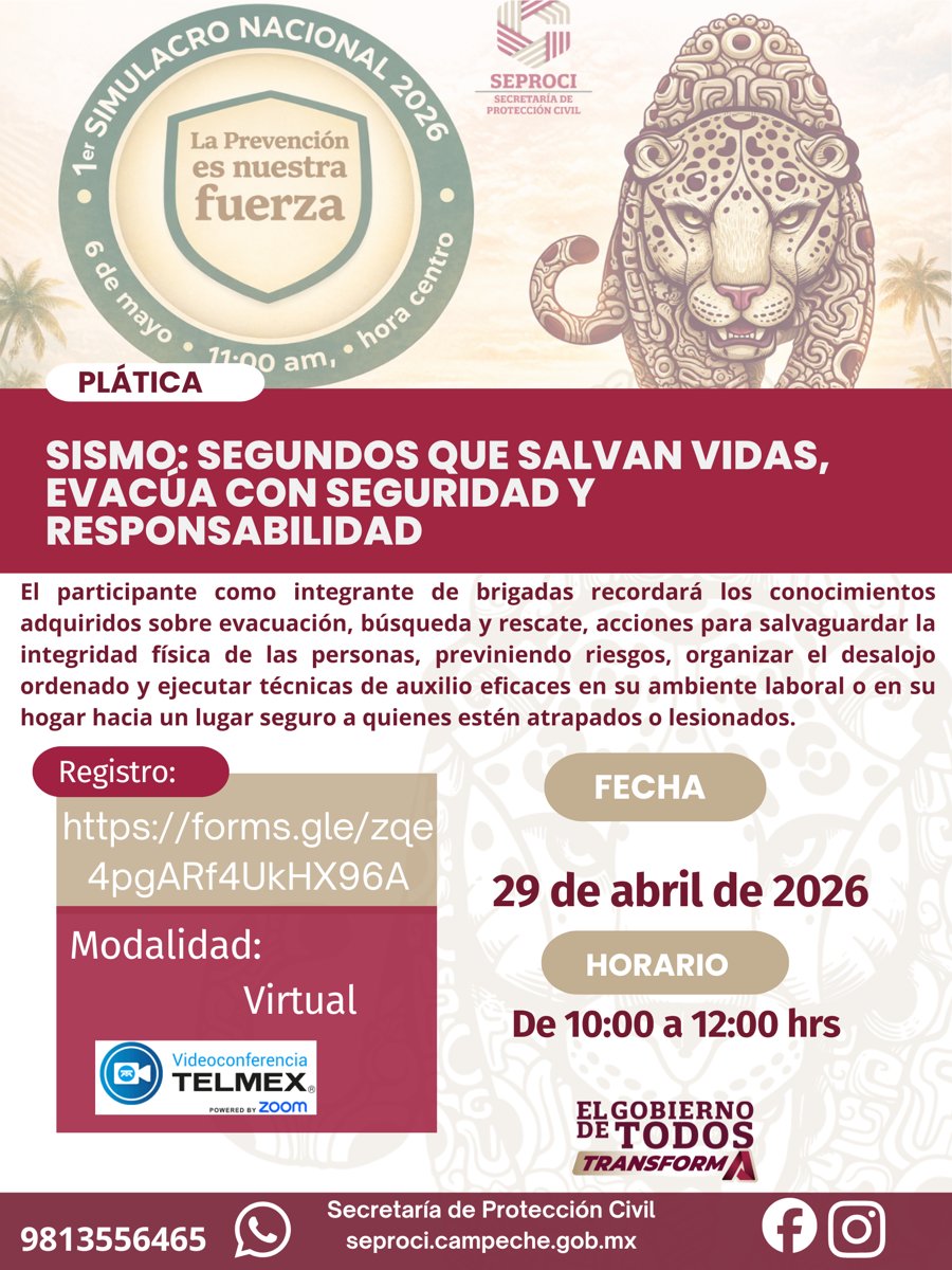 *SEPROCI INVITA A PARTICIPAR EN LA PLÁTICA "SISMO: SEGUNDOS QUE SALVAN VIDAS, EVACÚA CON SEGURIDAD Y RESPONSABILIDAD”*