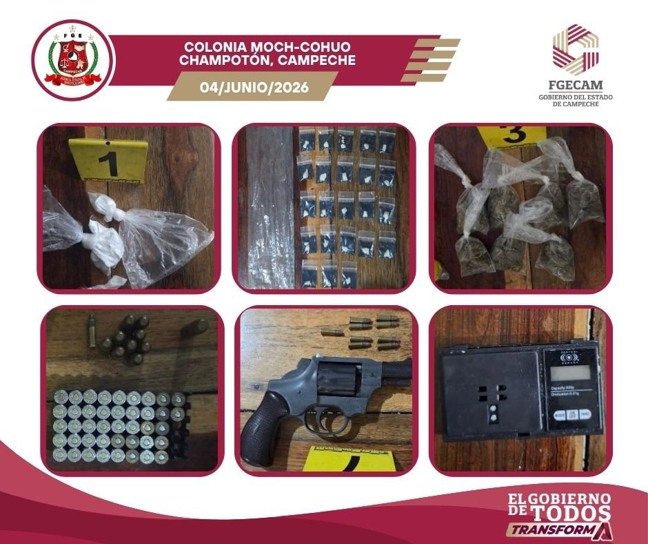 FGECAM EJECUTA CATEOS EN CHAMPOTÓN Y ASEGURA DROGA, ARMAS Y EQUIPO TÁCTICO
