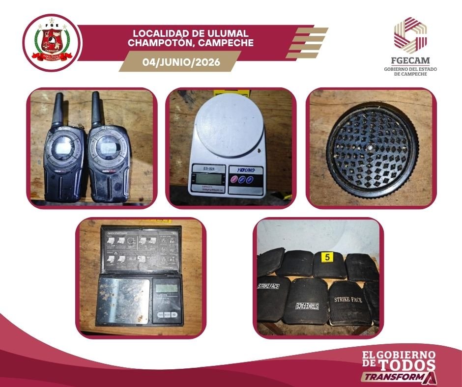 FGECAM EJECUTA CATEOS EN CHAMPOTÓN Y ASEGURA DROGA, ARMAS Y EQUIPO TÁCTICO