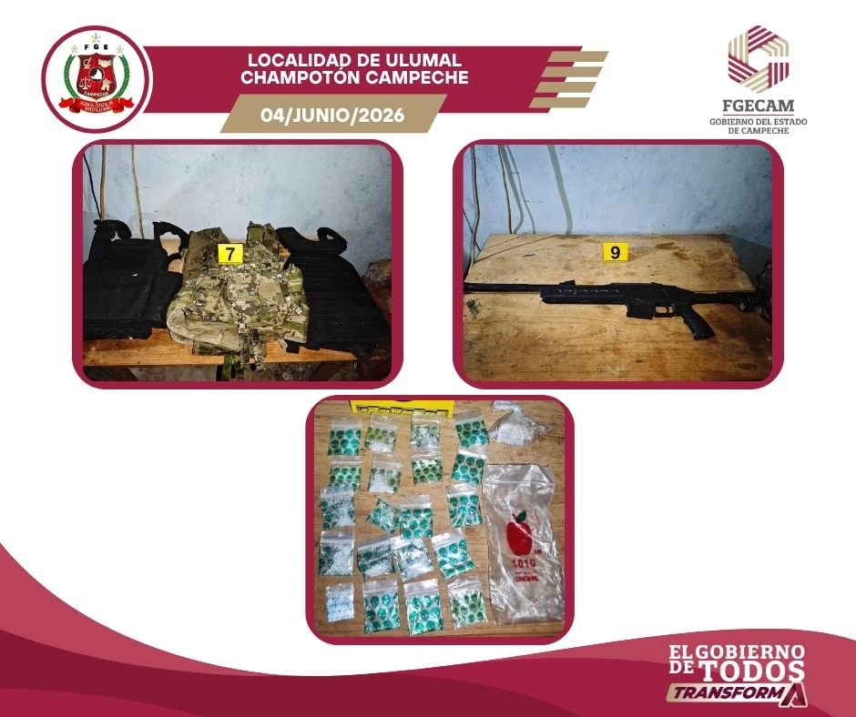 FGECAM EJECUTA CATEOS EN CHAMPOTÓN Y ASEGURA DROGA, ARMAS Y EQUIPO TÁCTICO