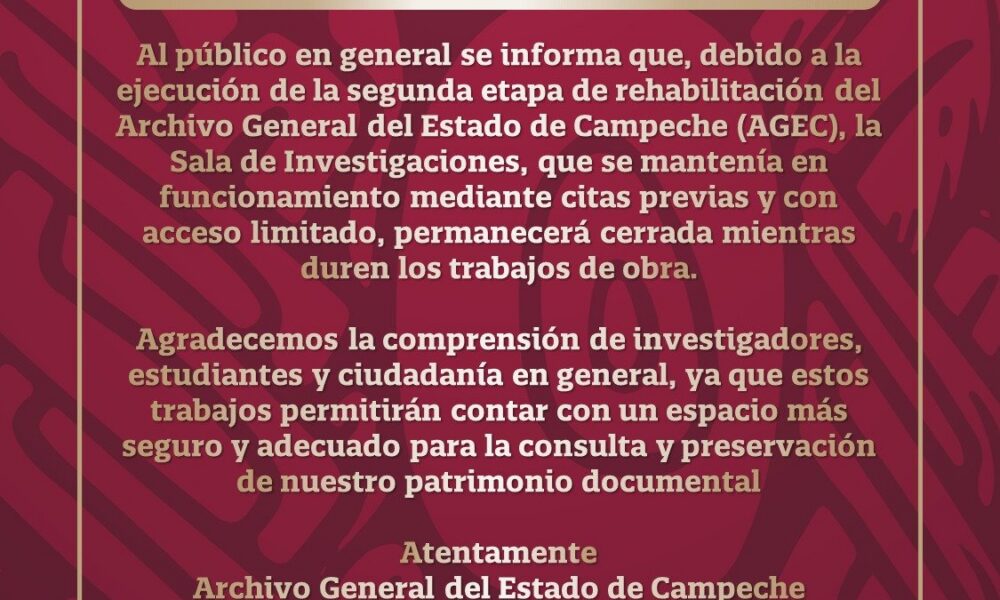 Archivo General de Campeche cerrará temporalmente por trabajos de rehabilitación
