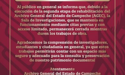 Archivo General de Campeche cerrará temporalmente por trabajos de rehabilitación