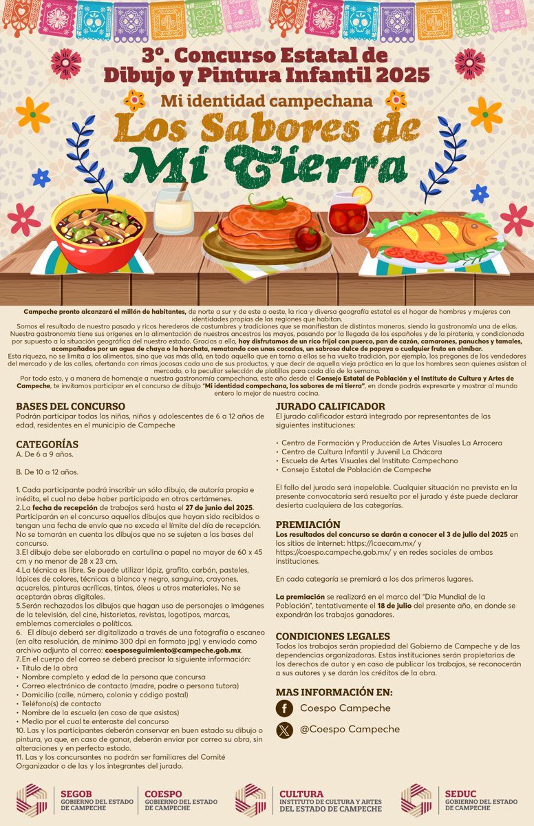 INVITAN A PARTICIPAR EN EL TERCER CONCURSO DE DIBUJO Y PINTURA INFANTIL “MI IDENTIDAD CAMPECHANA, LOS SABORES DE MI TIERRA”