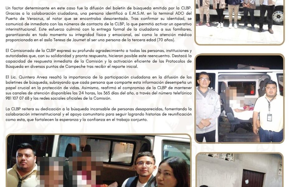 COORDINACIÓN INTERINSTITUCIONAL ENTRE CAMPECHE, TABASCO Y VERACRUZ LOGRA LA EXITOSA REUNIFICACIÓN DE UNA CIUDADANA CON SU FAMILIA