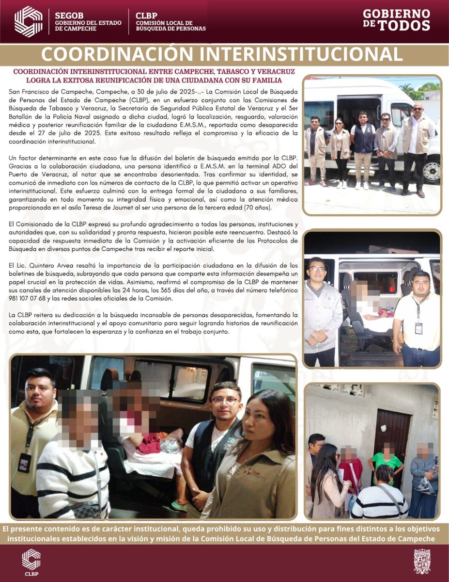 COORDINACIÓN INTERINSTITUCIONAL ENTRE CAMPECHE, TABASCO Y VERACRUZ LOGRA LA EXITOSA REUNIFICACIÓN DE UNA CIUDADANA CON SU FAMILIA
