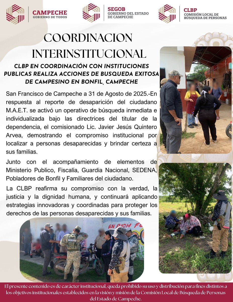 CLBP EN COORDINACIÓN CON INSTITUCIONES PUBLICAS REALIZA ACCIONES DE BUSQUEDA EXITOSA DE CAMPESINO EN BONFIL, CAMPECHE