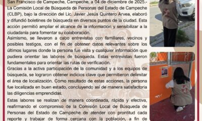 LA CLBP CONCLUYE ACCIONES DE BÚSQUEDA CON LA LOCALIZACIÓN EXITOSA DE UNA PERSONA REPORTADA COMO DESAPARECIDA