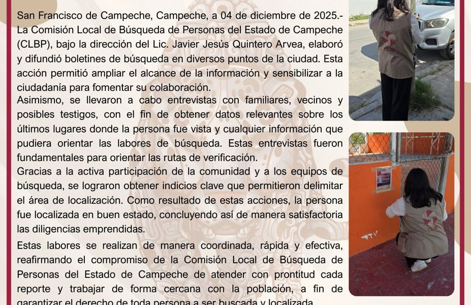 LA CLBP CONCLUYE ACCIONES DE BÚSQUEDA CON LA LOCALIZACIÓN EXITOSA DE UNA PERSONA REPORTADA COMO DESAPARECIDA
