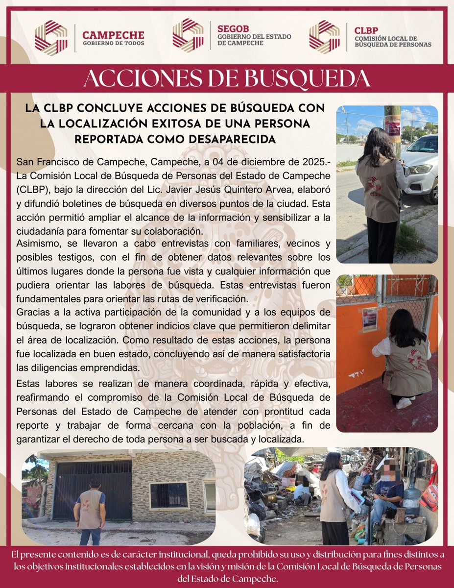 LA CLBP CONCLUYE ACCIONES DE BÚSQUEDA CON LA LOCALIZACIÓN EXITOSA DE UNA PERSONA REPORTADA COMO DESAPARECIDA