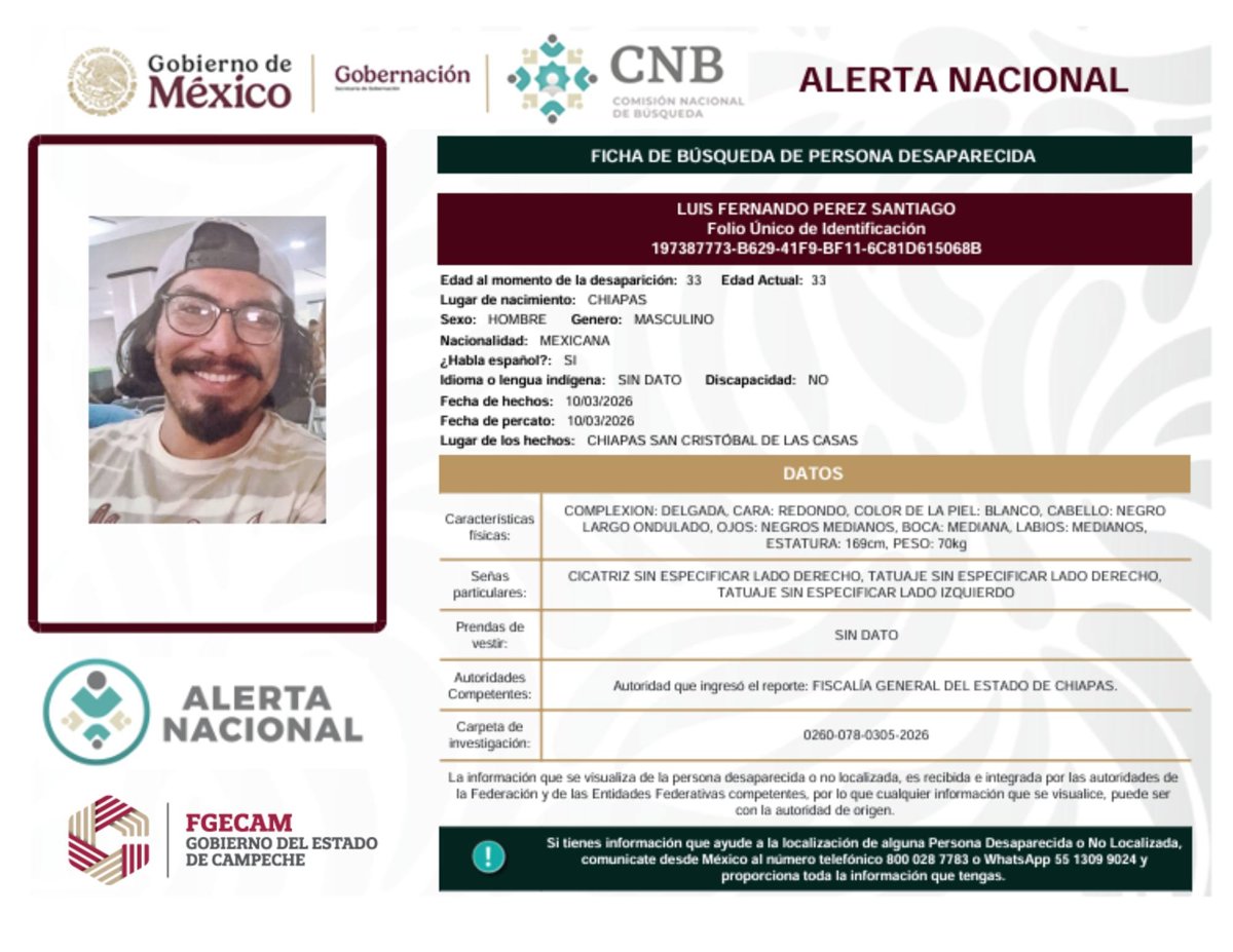 LA FISCALÍA GENERAL DEL ESTADO DE CAMPECHE SE SUMA A LAS ACCIONES DE BÚSQUEDA A NIVEL NACIONAL, EN COORDINACIÓN CON LA COMISIÓN NACIONAL DE BÚSQUEDA DE PERSONAS DESAPARECIDAS MÉXICO DIFUNDIENDO LAS