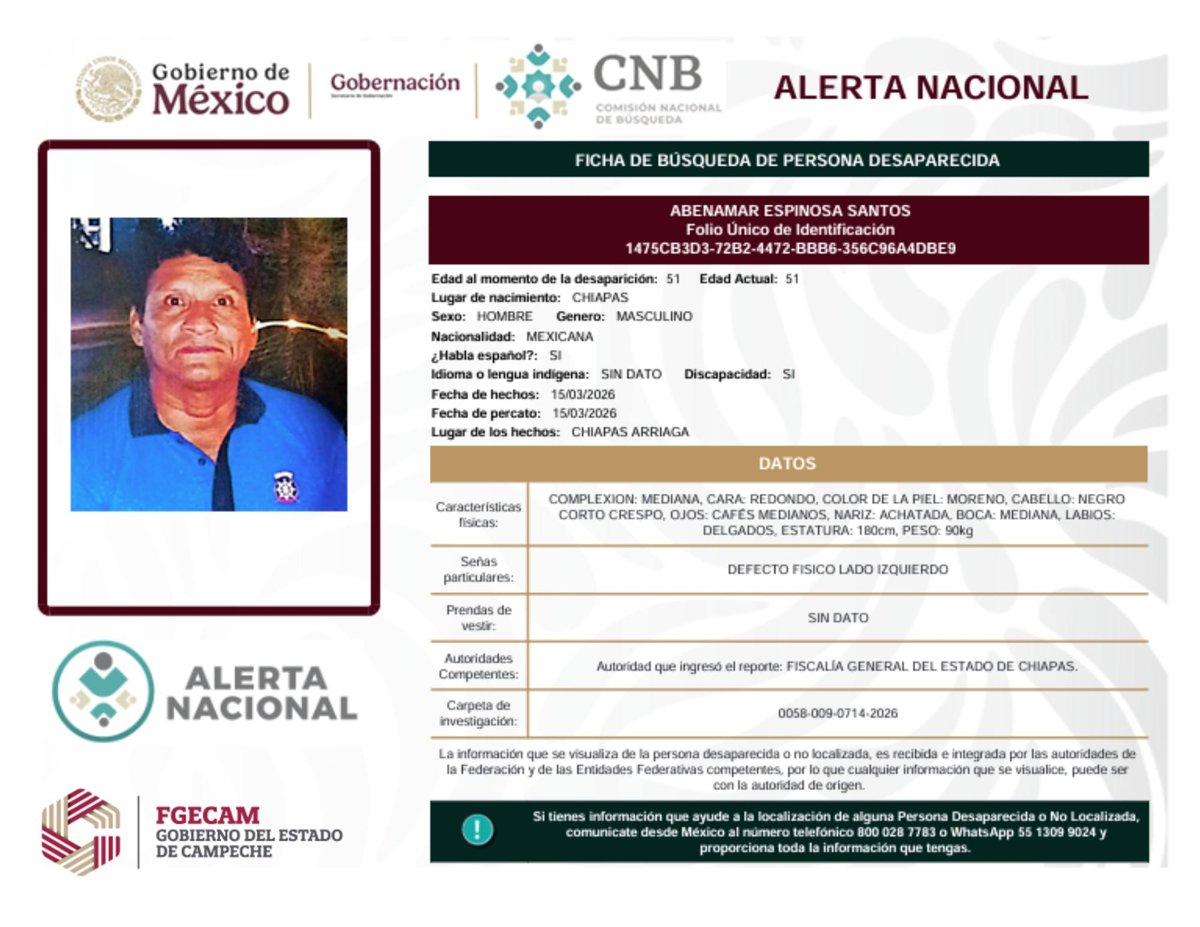 LA FISCALÍA GENERAL DEL ESTADO DE CAMPECHE SE SUMA A LAS ACCIONES DE BÚSQUEDA A NIVEL NACIONAL, EN COORDINACIÓN CON LA COMISIÓN NACIONAL DE BÚSQUEDA DE PERSONAS DESAPARECIDAS MÉXICO DIFUNDIENDO LAS