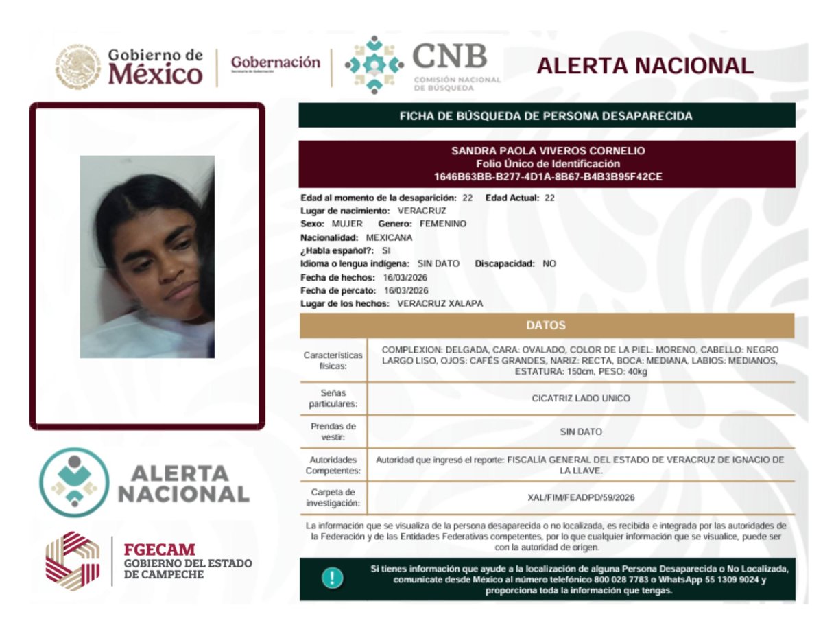 LA FISCALÍA GENERAL DEL ESTADO DE CAMPECHE SE SUMA A LAS ACCIONES DE BÚSQUEDA A NIVEL NACIONAL, EN COORDINACIÓN CON LA COMISIÓN NACIONAL DE BÚSQUEDA DE PERSONAS DESAPARECIDAS MÉXICO DIFUNDIENDO LAS