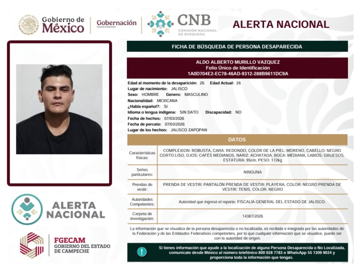 LA FISCALÍA GENERAL DEL ESTADO DE CAMPECHE SE SUMA A LAS ACCIONES DE BÚSQUEDA A NIVEL NACIONAL, EN COORDINACIÓN CON LA COMISIÓN NACIONAL DE BÚSQUEDA DE PERSONAS DESAPARECIDAS MÉXICO DIFUNDIENDO LAS
