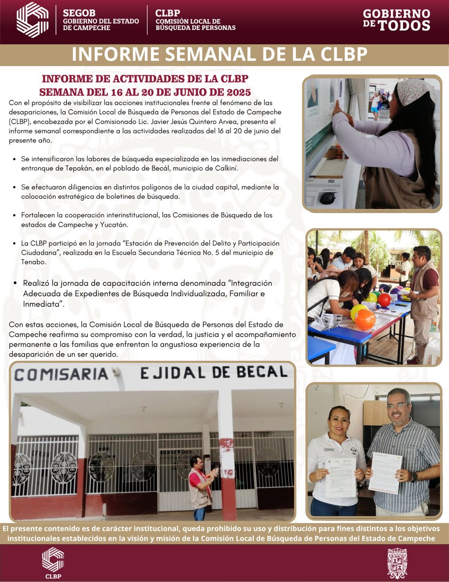 INFORME SEMANAL DE LA COMISIÓN LOCAL DE BÚSQUEDA DE PERSONAS DEL ESTADO DE CAMPECHE