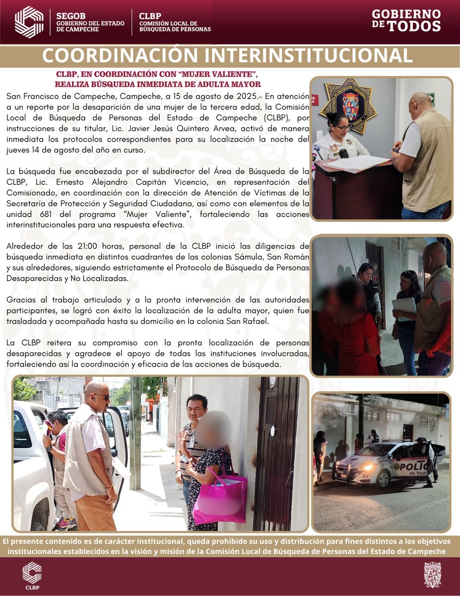 CLBP, EN COORDINACIÓN CON “MUJER VALIENTE” , REALIZA BÚSQUEDA INMEDIATA DE ADULTA MAYOR