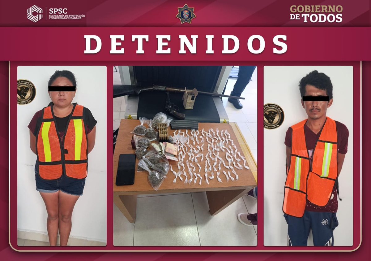 POLICÍA ESTATAL ASEGURA ARMAMENTO, NARCÓTICOS Y DETIENE A DOS PERSONAS EN FILTRO DE SEGURIDAD EN EL MUNICIPIO DE CHAMPOTÓN