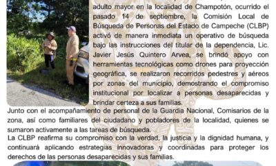 CLBP EN COORDINACIÓN CON INSTITUCIONES PUBLICAS REALIZA ACCIONES DE BUSQUEDA INMEDIATA EXITOSA EN CHAMPOTÓN, CAMPECHE