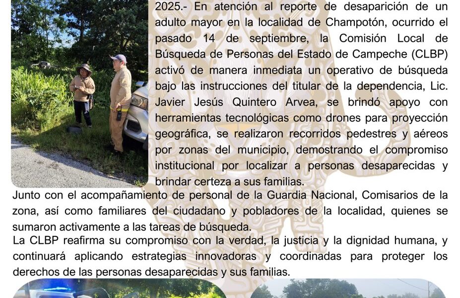 CLBP EN COORDINACIÓN CON INSTITUCIONES PUBLICAS REALIZA ACCIONES DE BUSQUEDA INMEDIATA EXITOSA EN CHAMPOTÓN, CAMPECHE