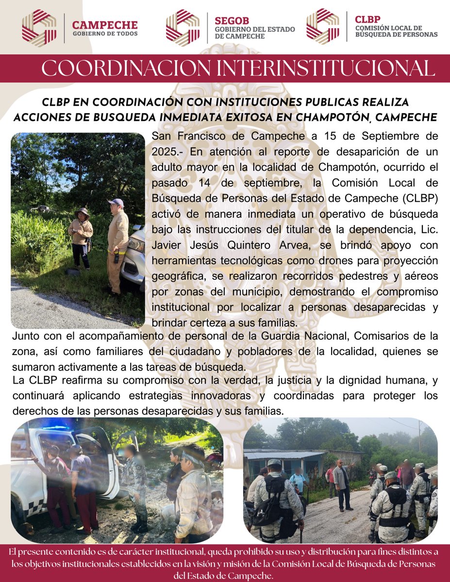 CLBP EN COORDINACIÓN CON INSTITUCIONES PUBLICAS REALIZA ACCIONES DE BUSQUEDA INMEDIATA EXITOSA EN CHAMPOTÓN, CAMPECHE