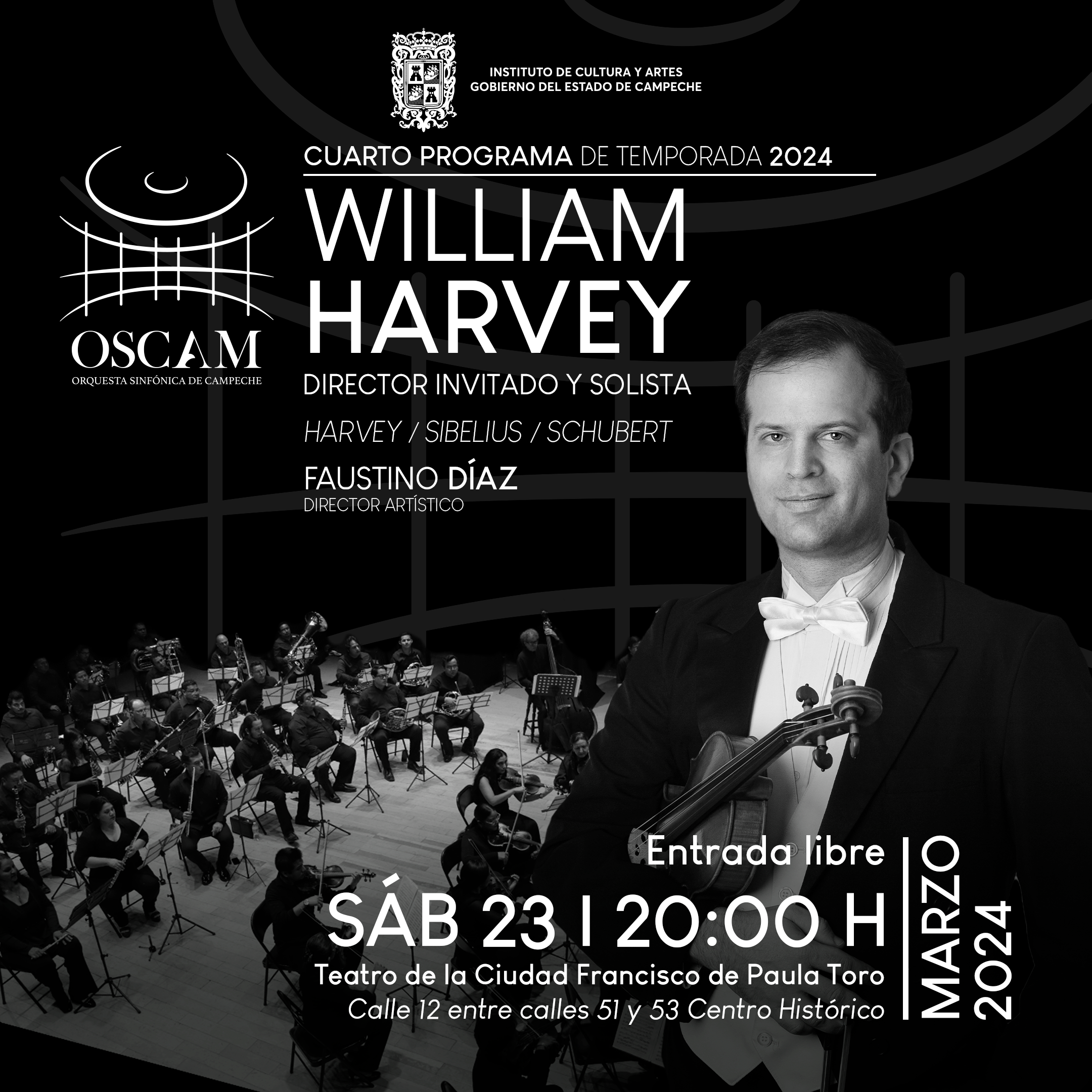 WILLIAM HARVEY, DIRECTOR INVITADO Y SOLISTA, EN EL CUARTO CONCIERTO DE LA TEMPORADA 2024 DE LA ORQUESTA SINFÓNICA DE CAMPECHE