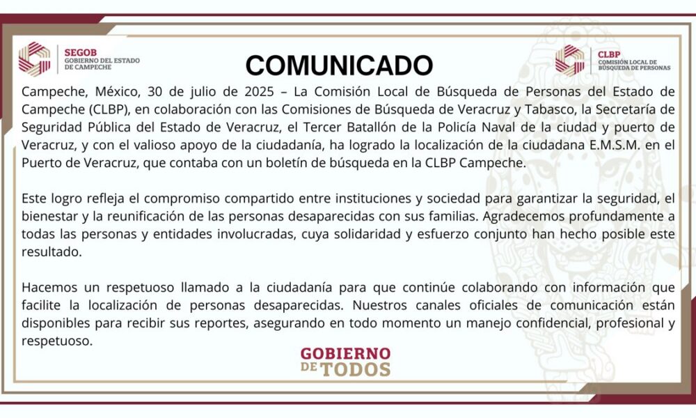 Localizan en Veracruz a una persona con boletín de búsqueda en Campeche