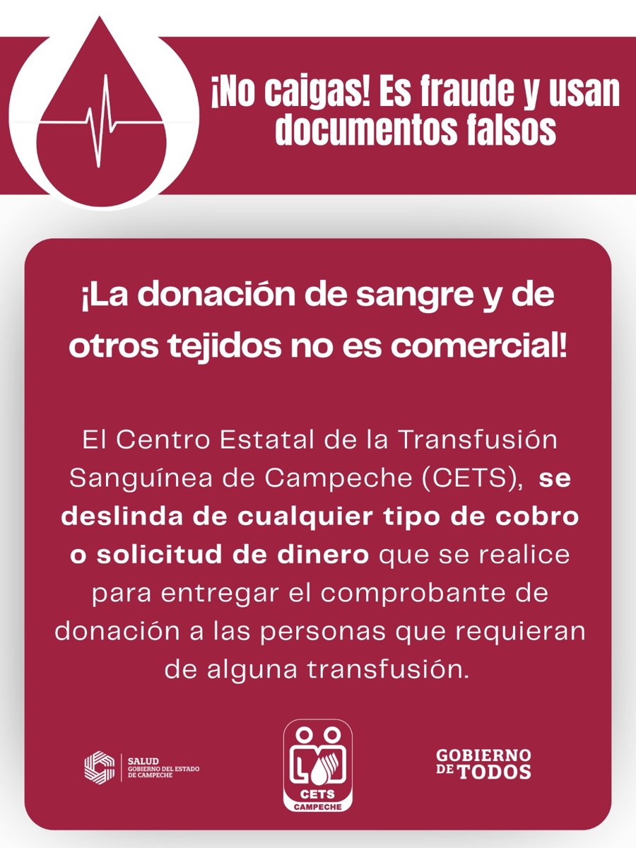 DONAR SANGRE EN EL CETS CAMPECHE ES GRATUITO; EXHORTAN A DENUNCIAR ESTAFAS