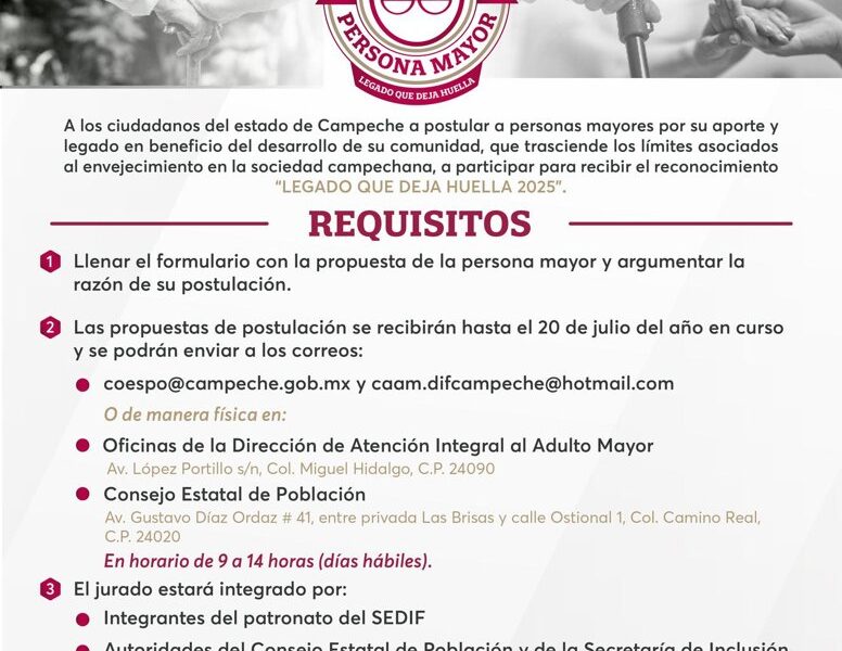 LANZAN CONVOCATORIA PREMIO ESTATAL A LA PERSONA MAYOR “LEGADO QUE DEJA HUELLA”