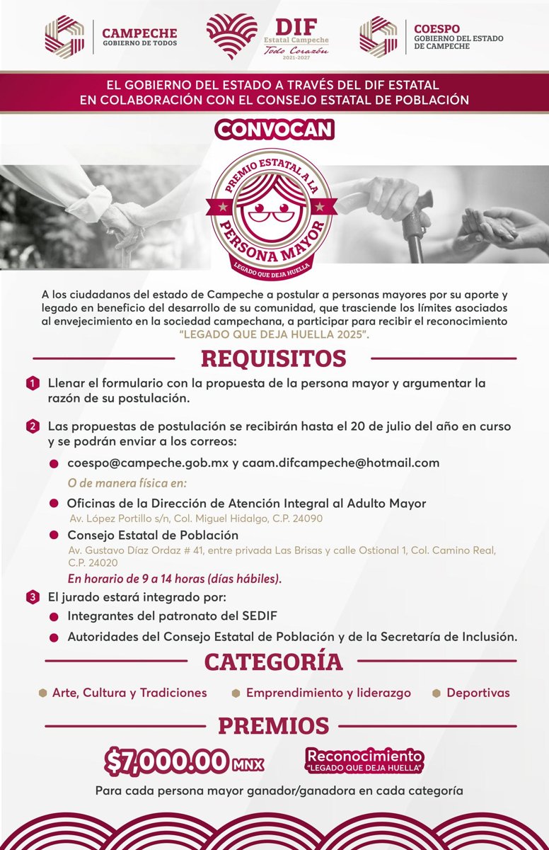 LANZAN CONVOCATORIA PREMIO ESTATAL A LA PERSONA MAYOR “LEGADO QUE DEJA HUELLA”