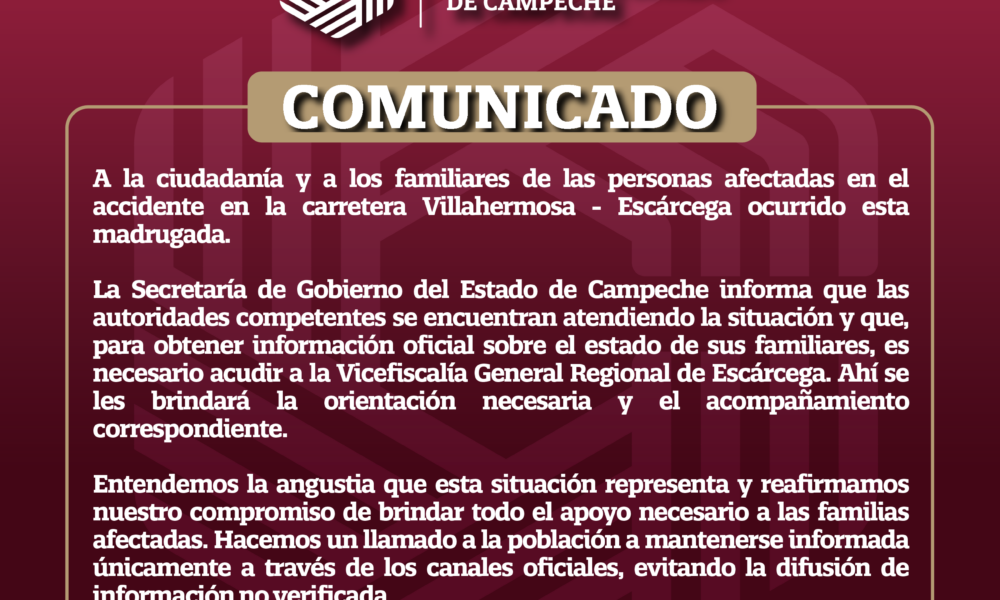 SEGOB INFORMA SOBRE ACCIDENTE EN LA CARRETERA VILLAHERMOSA-ESCÁRCEGA