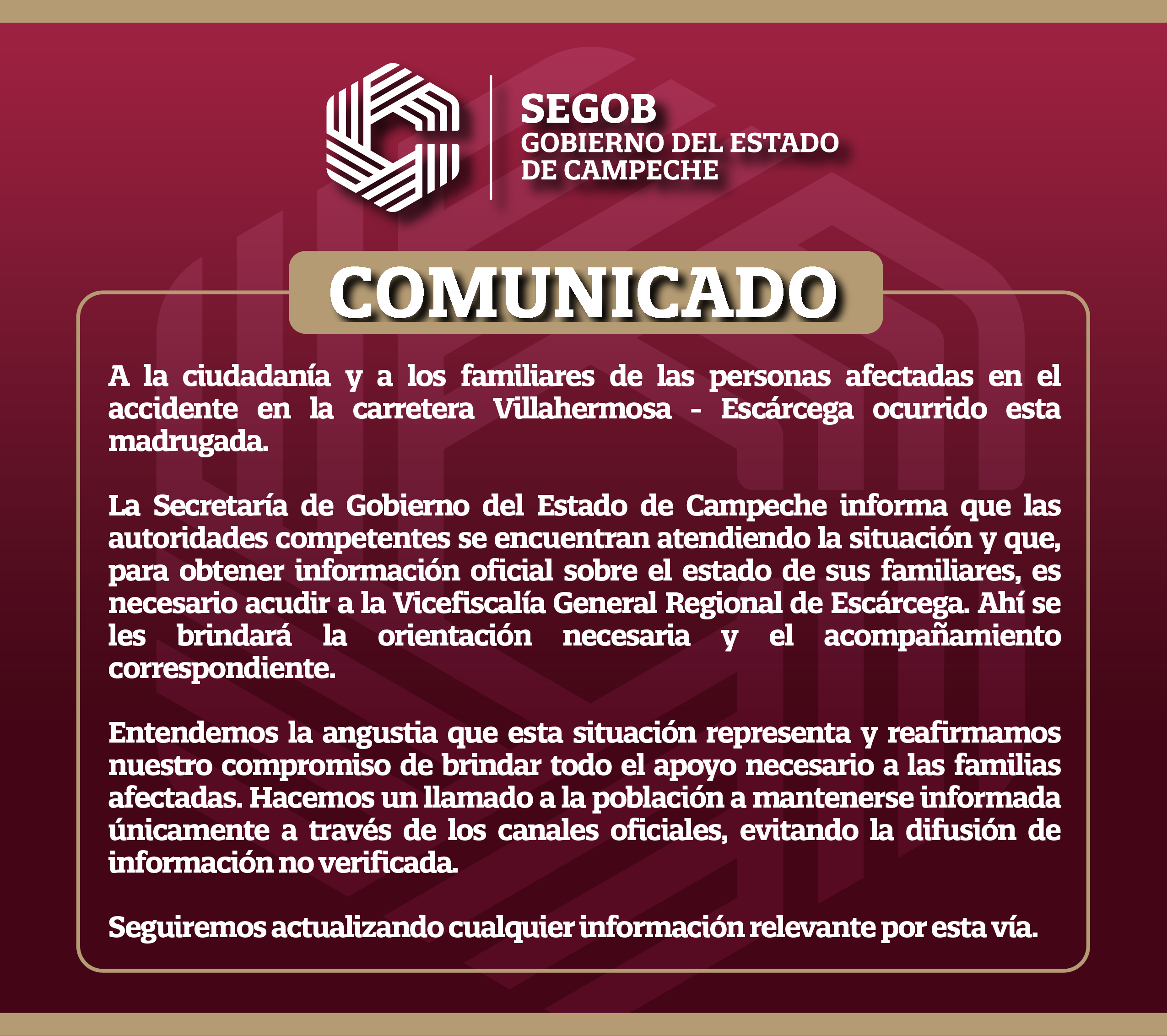 SEGOB INFORMA SOBRE ACCIDENTE EN LA CARRETERA VILLAHERMOSA-ESCÁRCEGA