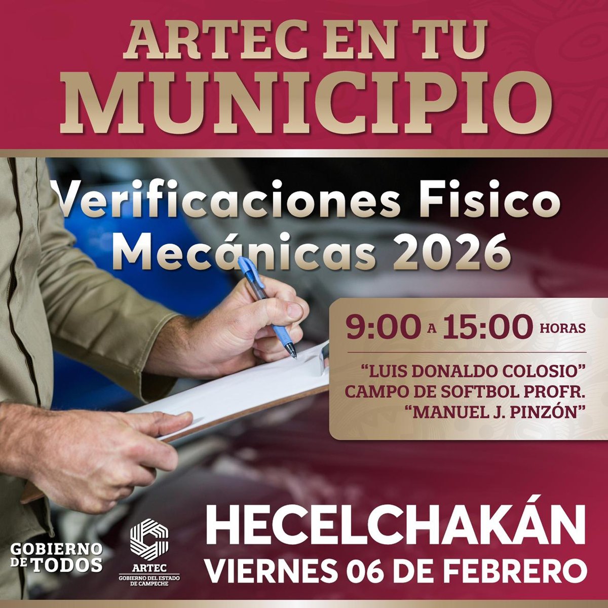 ARTEC EN TU MUNICIPIO, ESTE 6 DE FEBRERO VERIFICACIÓN FÍSICO MECÁNICA EN HECELCHAKÁN