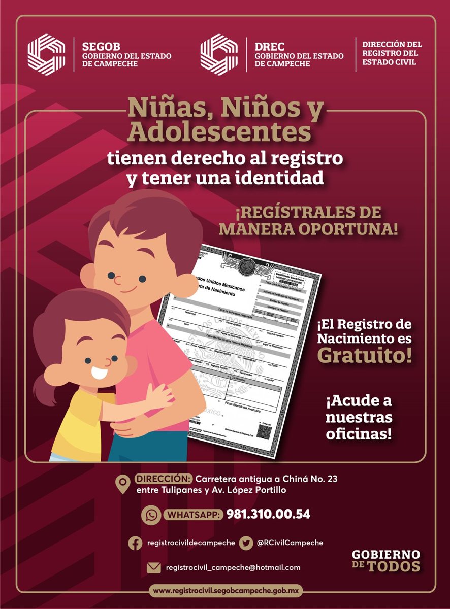 EL REGISTRO DE NACIMIENTO ES UN DERECHO HUMANO GRATUITO Y ESENCIAL PARA LA INFANCIA CAMPECHANA