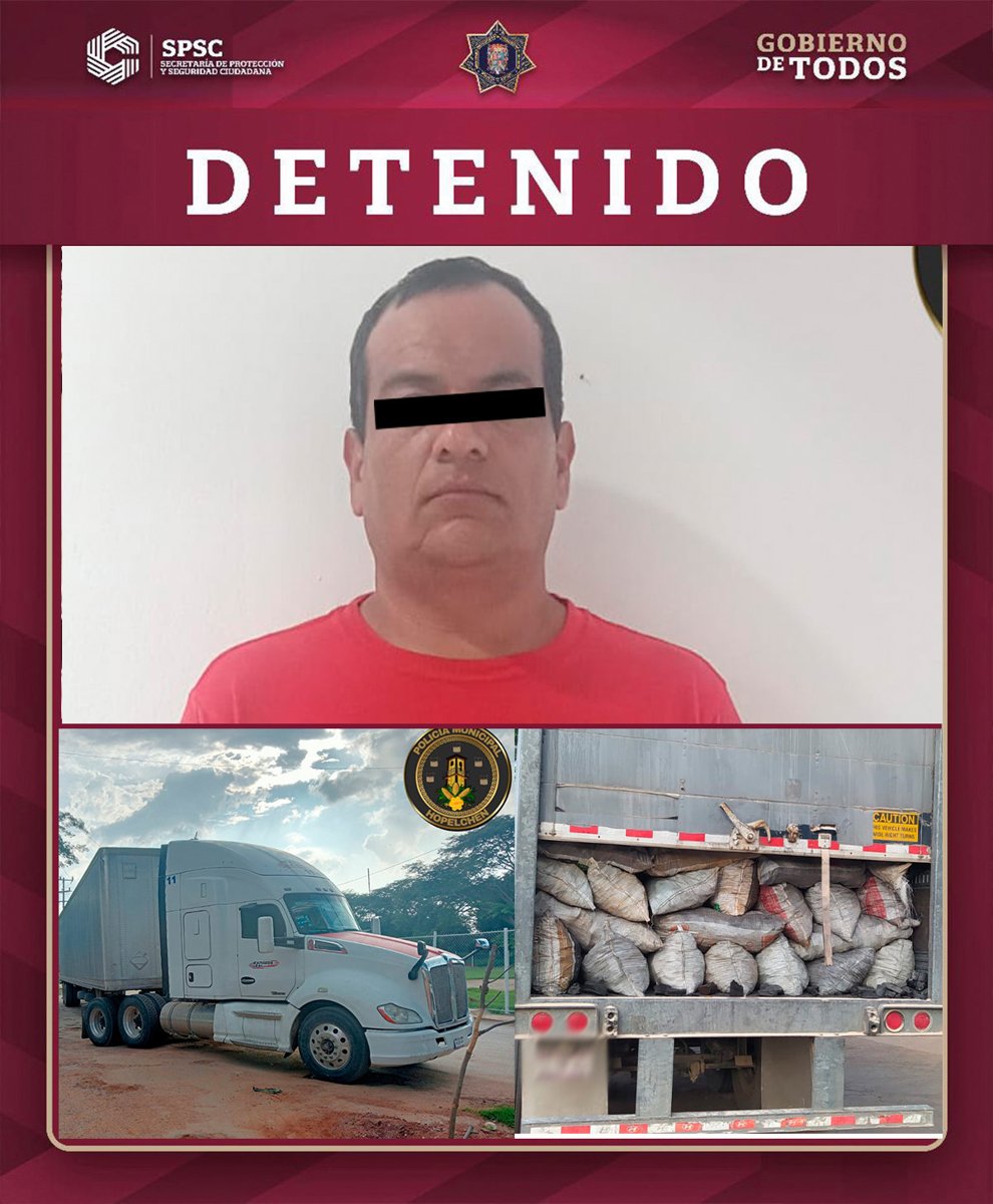 POLICÍA ESTATALY PROFEPA ASEGURAN TRÁILER CON 20 TONELADAS DE CARBÓN VEGETAL EN HOPELCHÉN