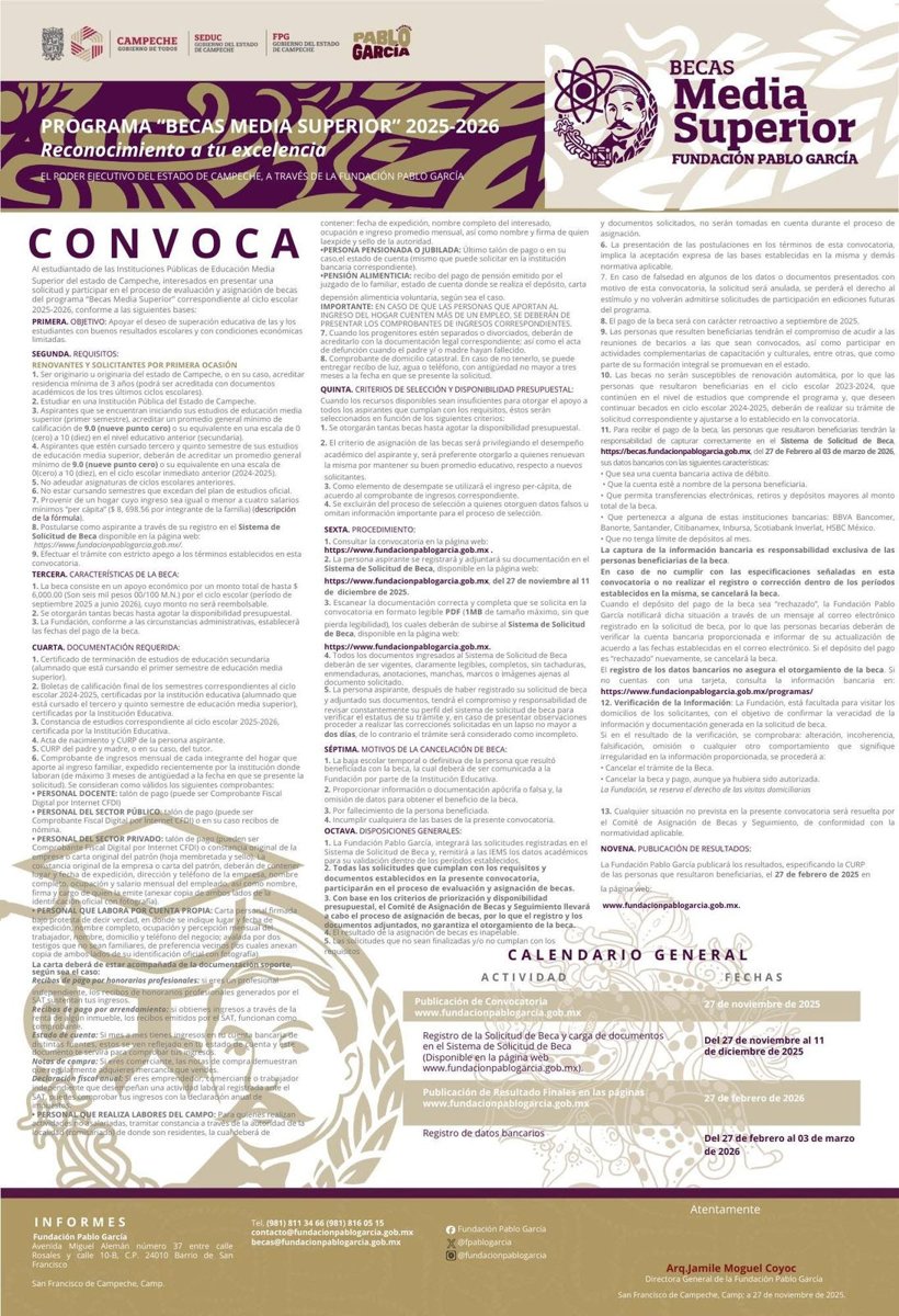 LA FUNDACIÓN PABLO GARCÍA ANUNCIÓ LA APERTURA DE LA CONVOCATORIA DEL PROGRAMA BECAS MEDIA SUPERIOR 2025–2026